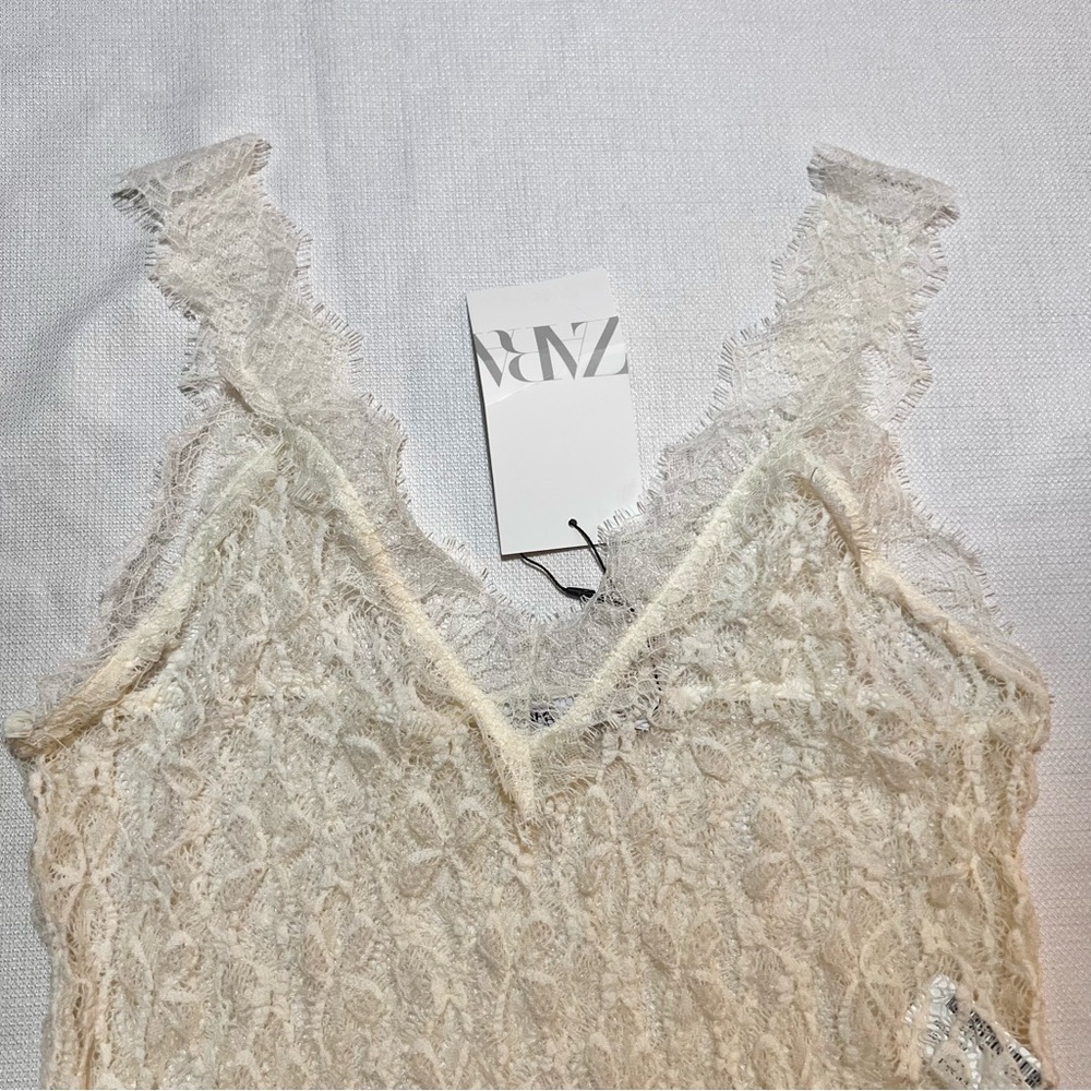 Zara Lace V-neck Semi-Sheer Midi Dress, Cream M NWT - Picture 11 of 16